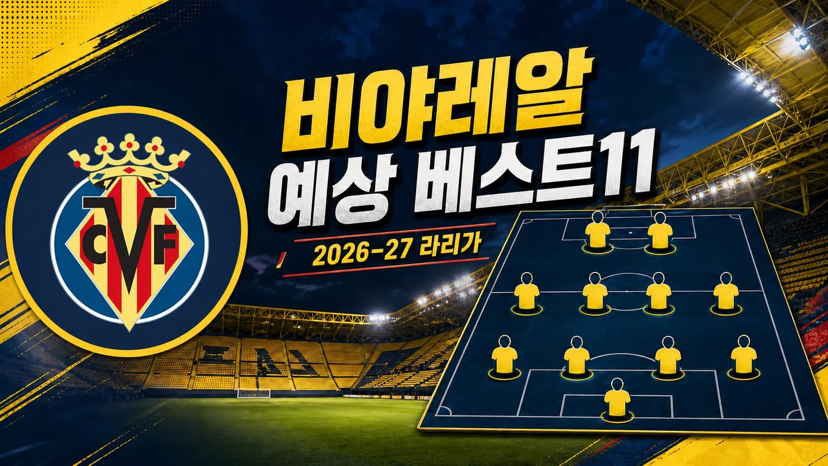 비야레알 공식 엠블럼과 4-4-2 전술판을 표현한 2026-27 라리가 예상 베스트11 썸네일