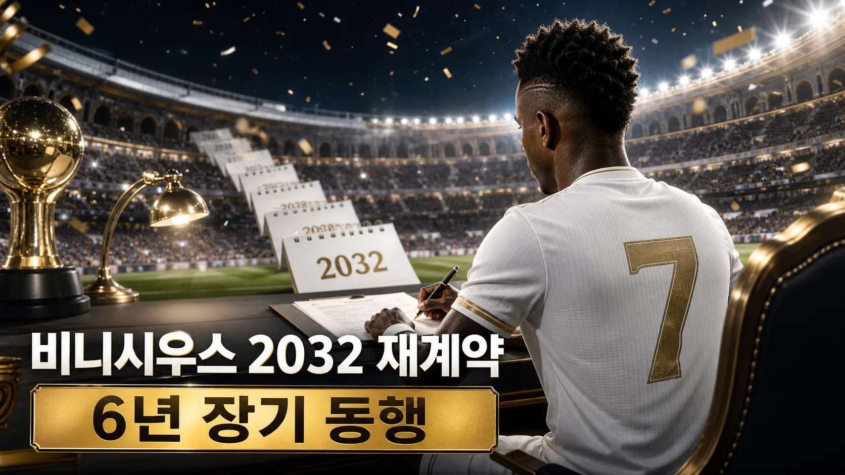 흰색 7번 유니폼의 선수가 2032년 장기 재계약서에 서명하는 모습을 표현한 축구 뉴스 편집 이미지