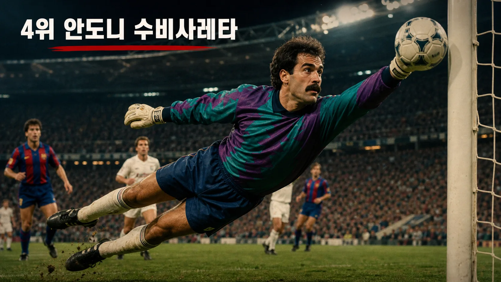 안도니 수비사레타가 1990년대 유럽대항전에서 슈팅을 쳐내는 바르셀로나 골키퍼 스포츠 편집 이미지