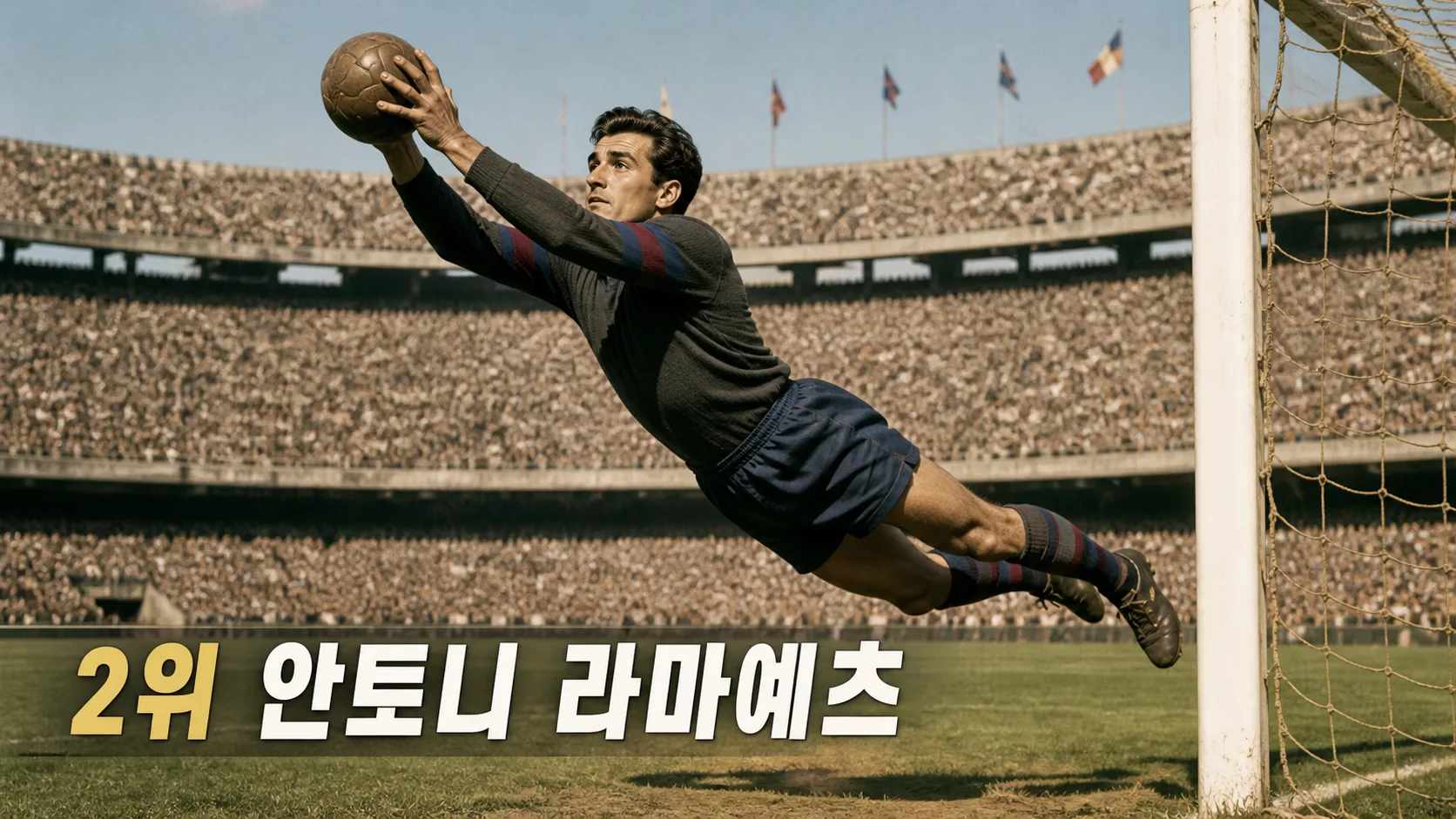 안토니 라마예츠가 1950년대 경기장에서 공중볼을 잡아내는 바르셀로나 골키퍼 스포츠 편집 이미지