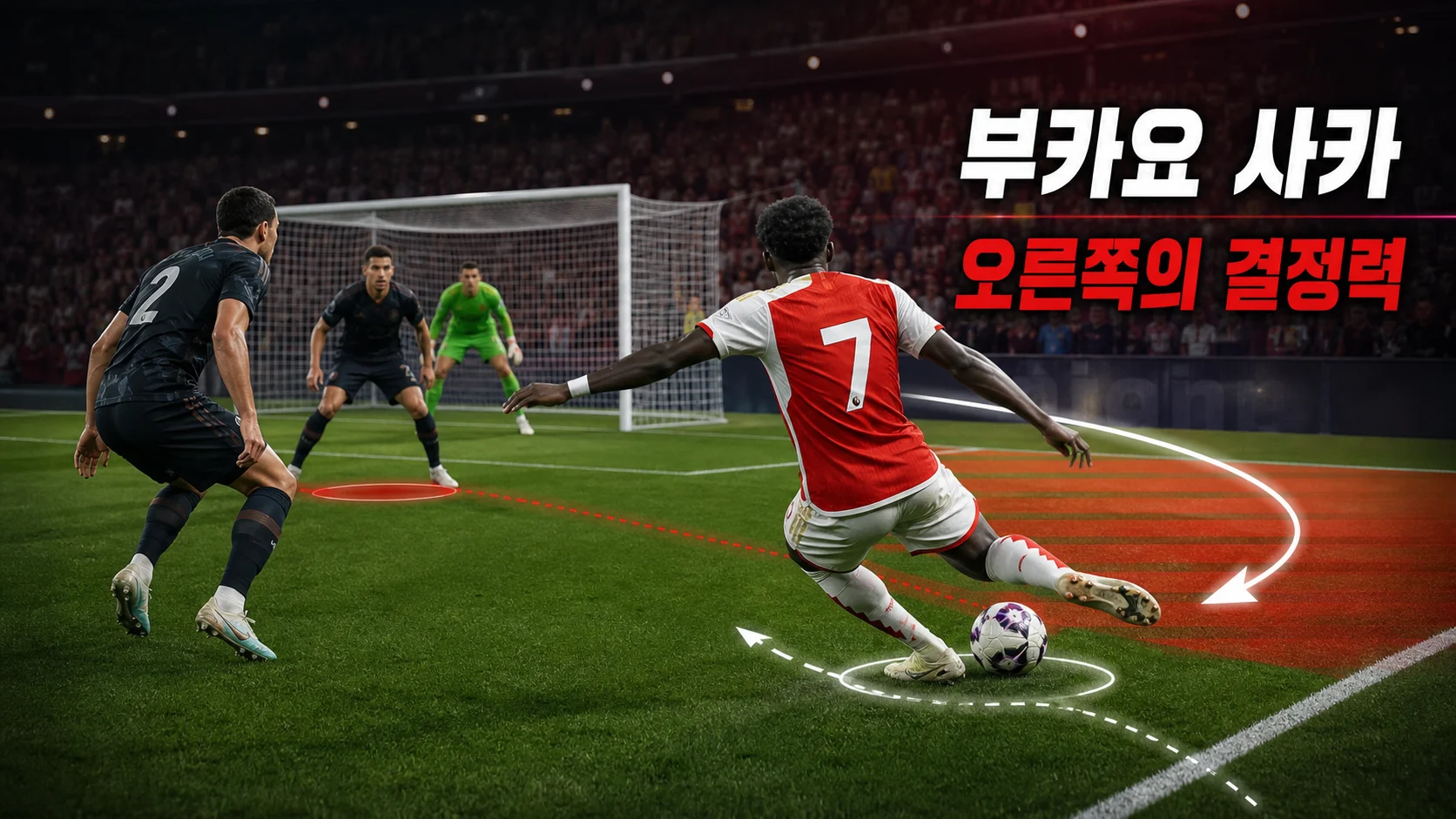 오른쪽에서 왼발 슈팅을 준비하는 붉은 7번 비식별 윙어 역할 이미지