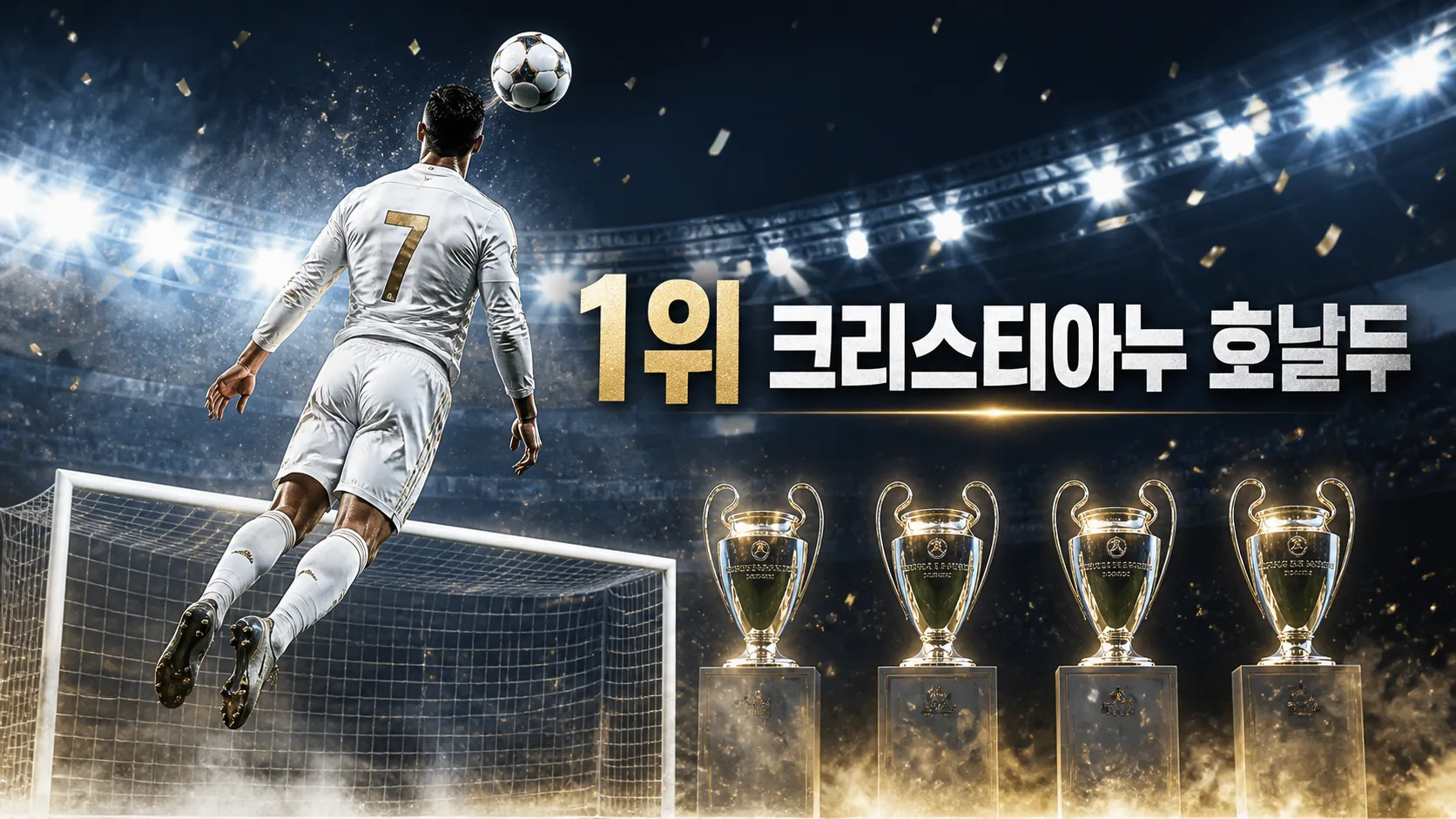 크리스티아누 호날두의 높은 타점 헤더와 유럽 무대 득점을 상징하는 레알 마드리드 공격수 편집 이미지