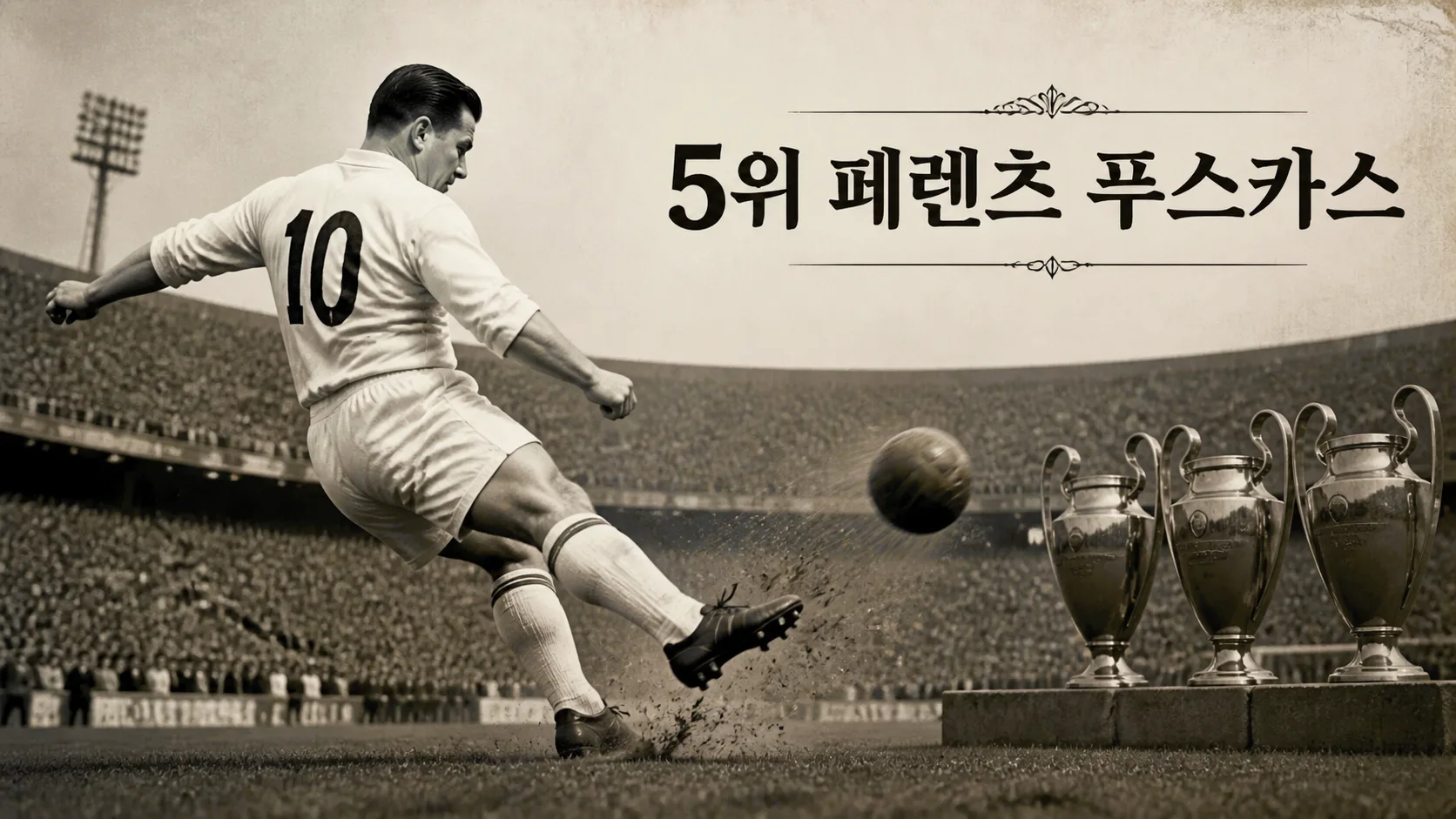페렌츠 푸스카스의 강력한 왼발 슈팅과 유러피언컵 우승을 표현한 1960년대 레알 마드리드 공격수 편집 이미지