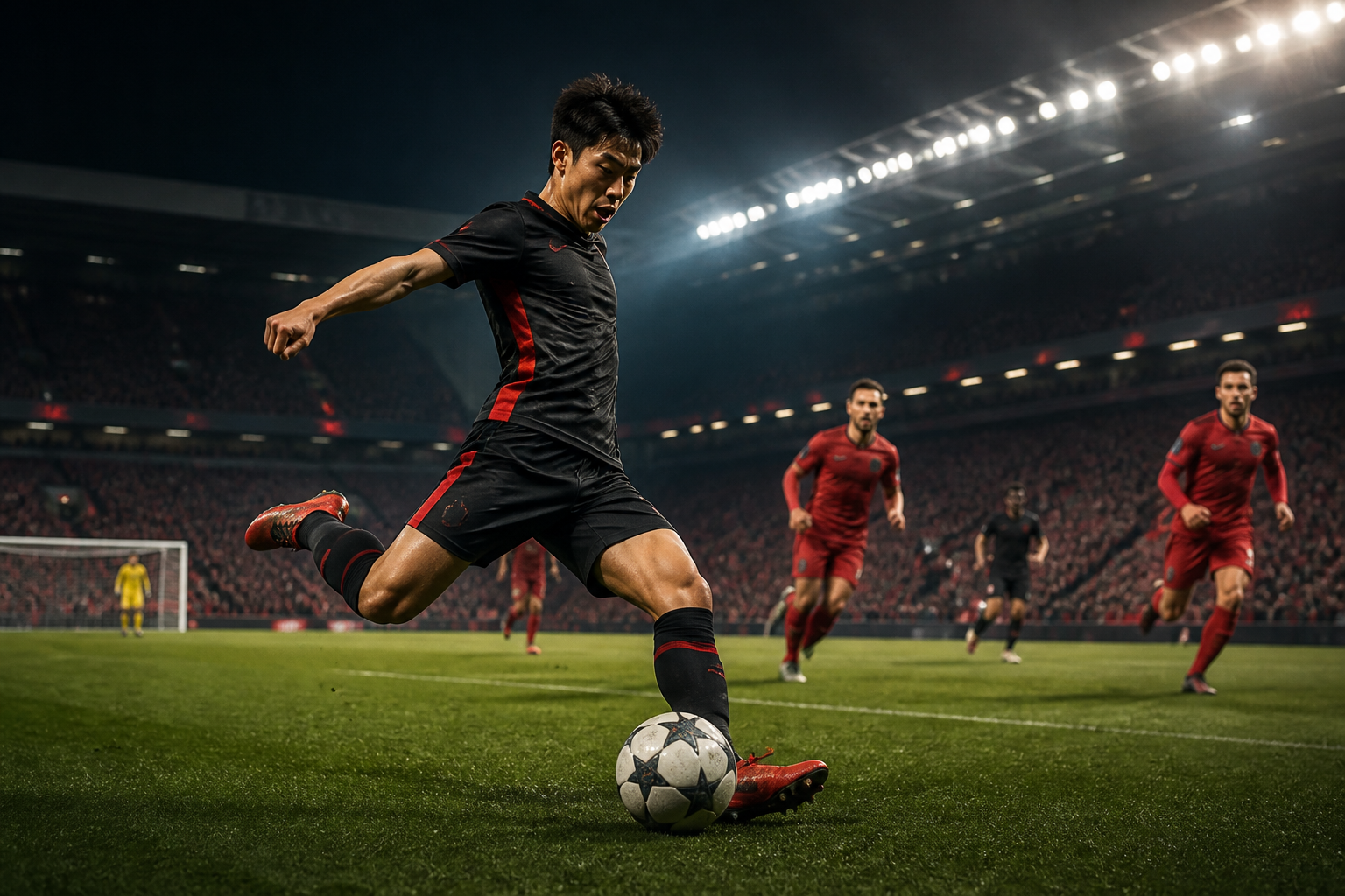 손흥민의 왼쪽 컷인과 오른발 슈팅을 재해석한 AI 스포츠 편집 일러스트