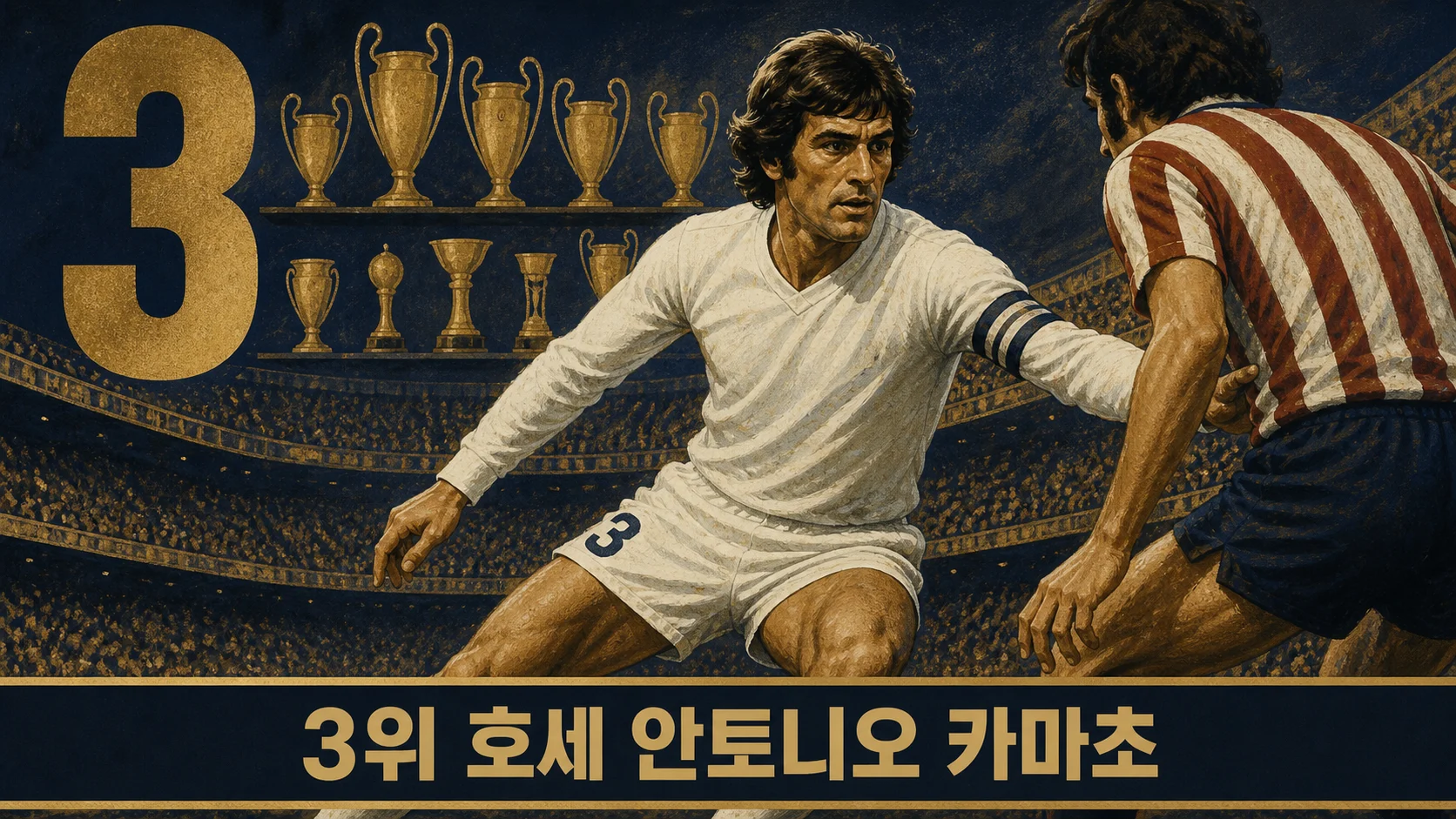 호세 안토니오 카마초의 대인 수비와 주장 리더십을 표현한 레알 마드리드 역사 이미지