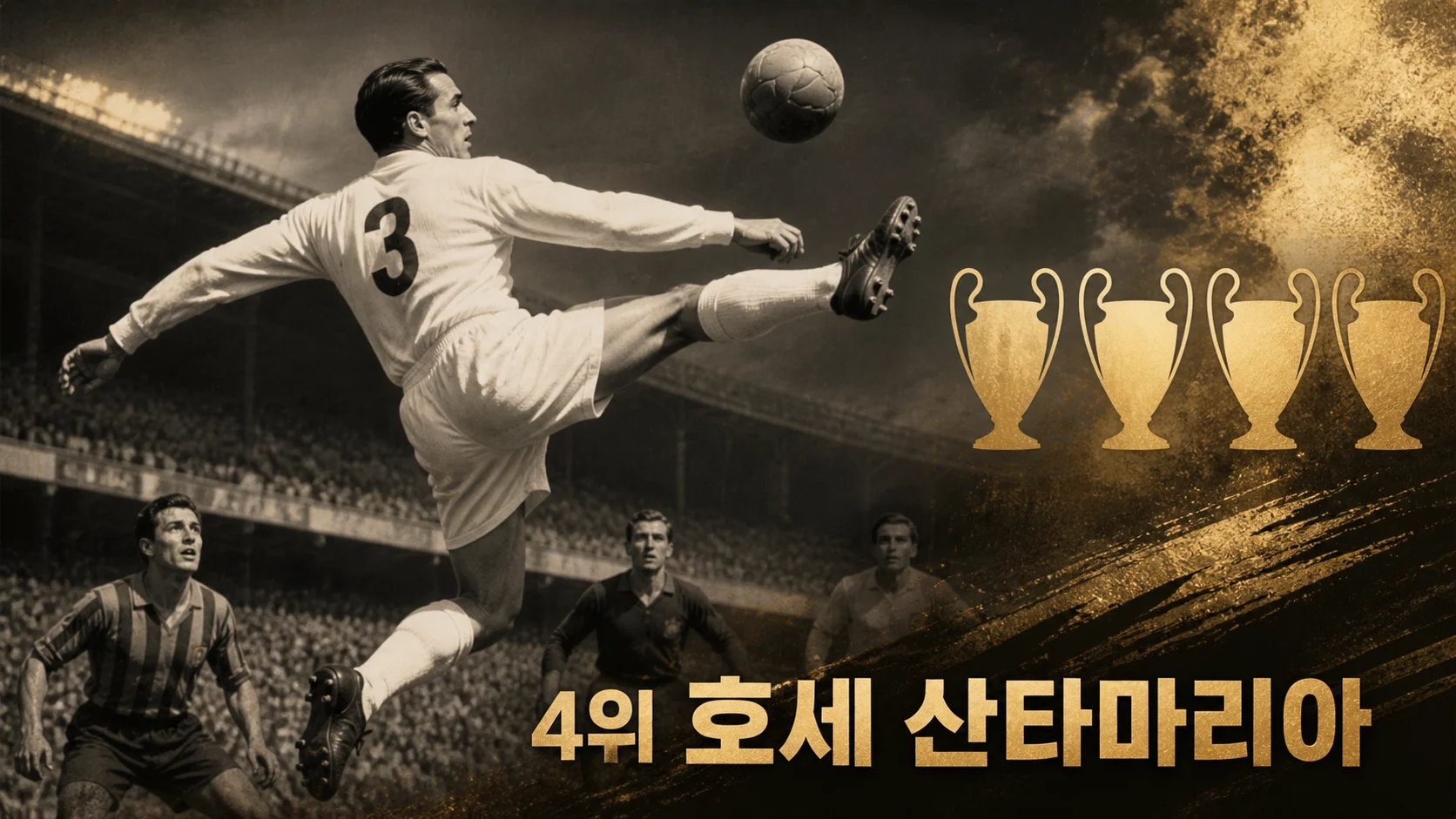 호세 산타마리아가 1950년대 공중볼을 걷어내는 모습을 표현한 레알 마드리드 중앙수비수 역사 편집 이미지