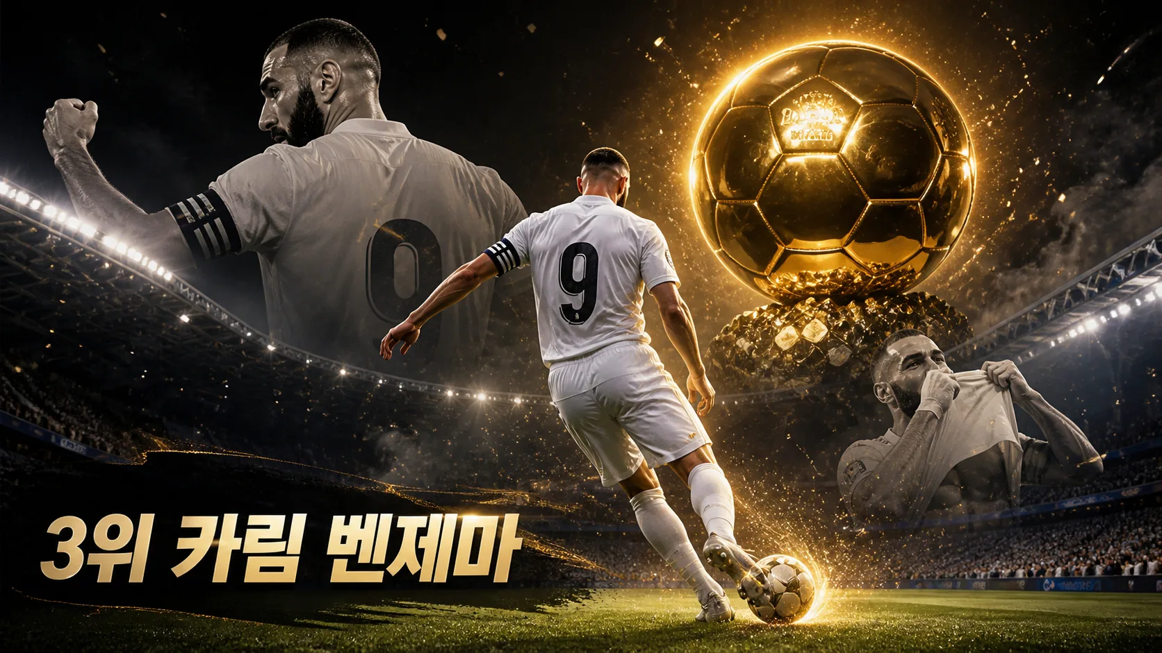 카림 벤제마의 연계 플레이와 2022년 발롱도르 시즌을 표현한 레알 마드리드 공격수 편집 이미지