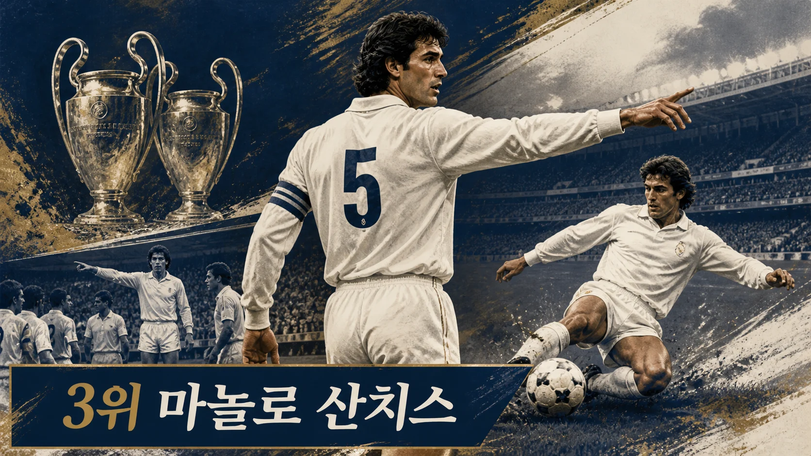 마놀로 산치스가 주장으로 수비 라인을 지휘하는 모습을 표현한 레알 마드리드 중앙수비수 편집 이미지
