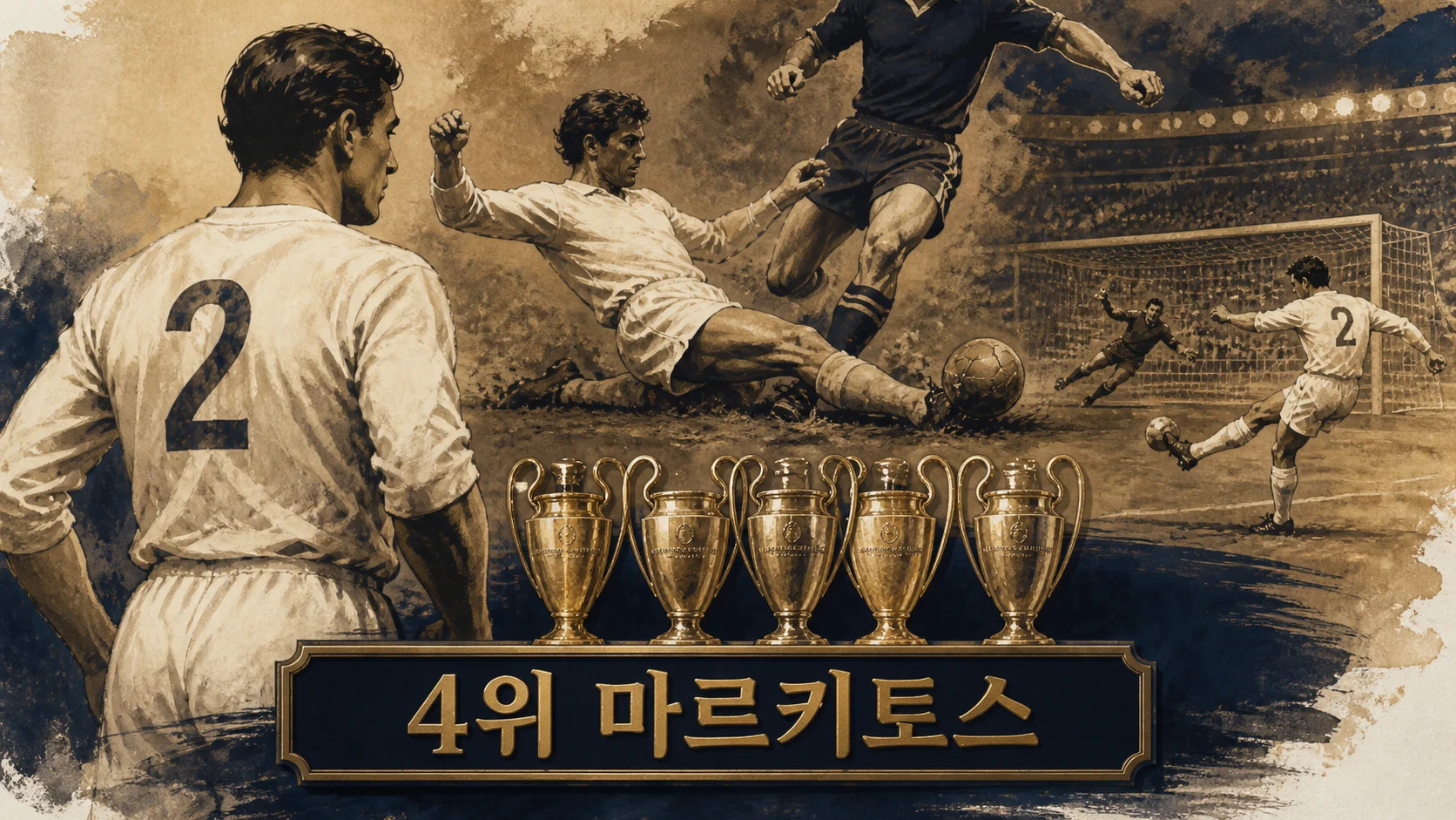마르키토스의 강한 측면 수비와 1950년대 유러피언컵 결승 득점을 표현한 역사 편집 이미지