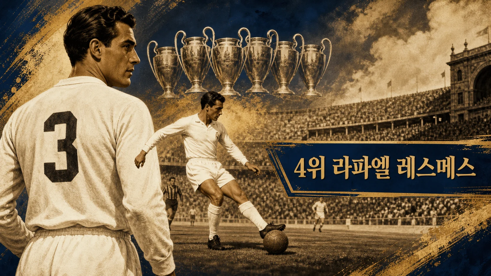 라파엘 레스메스의 위치 선정과 후방 패스를 표현한 1950년대 레알 마드리드 편집 이미지