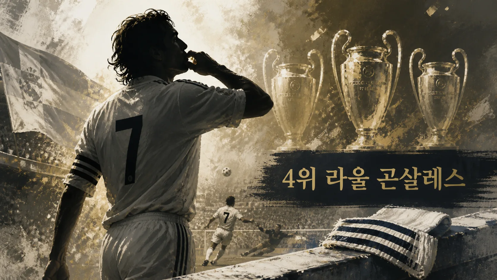라울 곤살레스의 반지 세리머니와 챔피언스리그 결승 득점을 표현한 레알 마드리드 공격수 편집 이미지