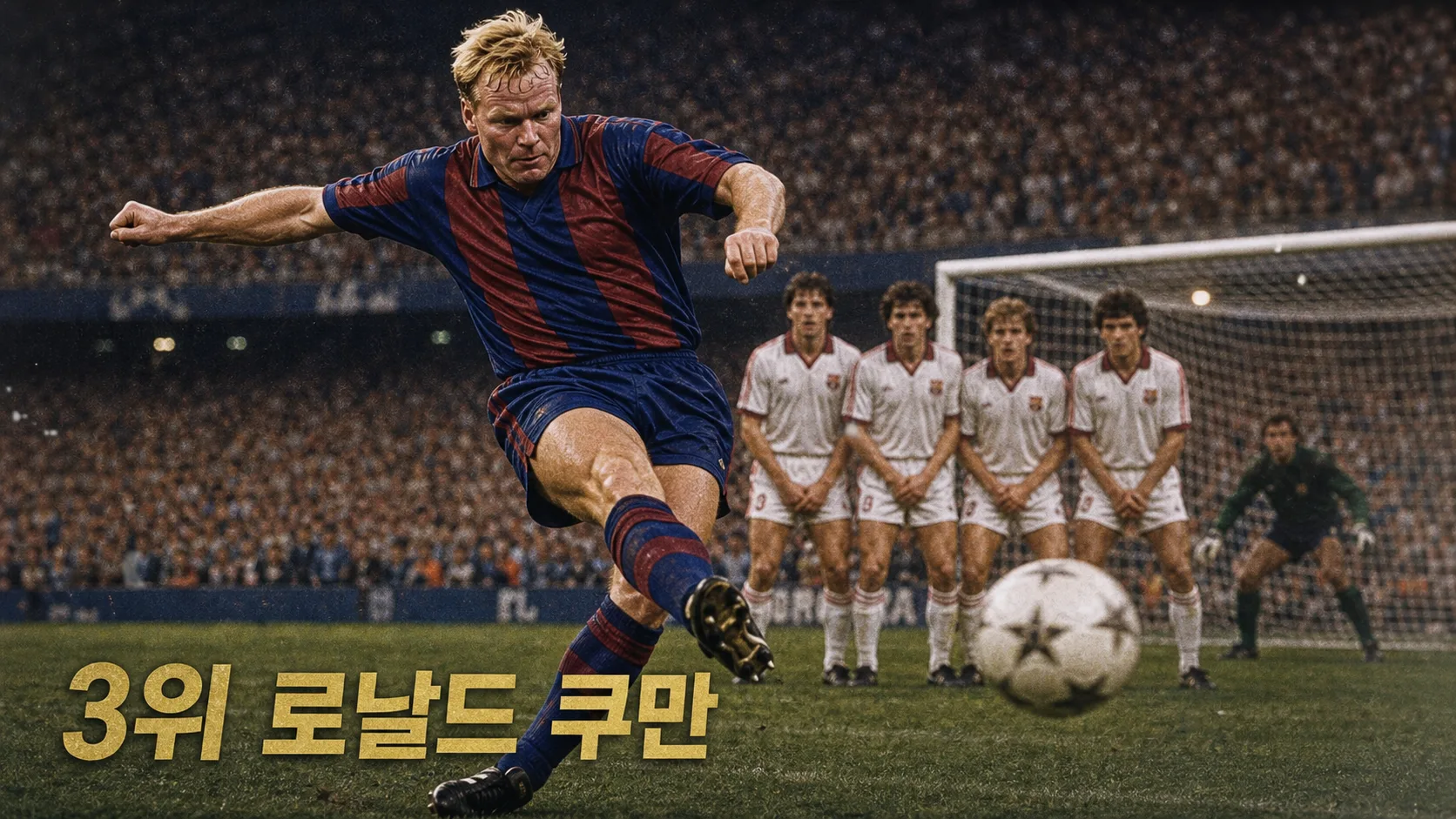 로날드 쿠만이 1992년 유럽 결승을 연상시키는 경기에서 강력한 프리킥을 차는 스포츠 편집 이미지