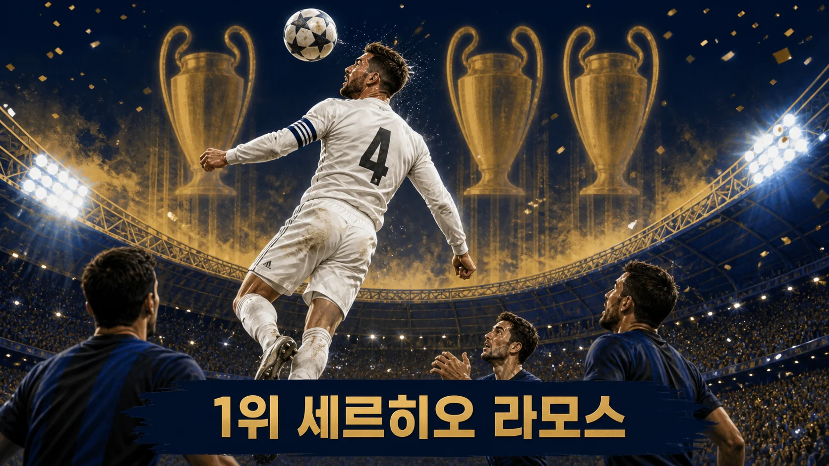 세르히오 라모스의 공중볼과 유럽 무대 결정력을 상징하는 레알 마드리드 중앙수비수 편집 이미지