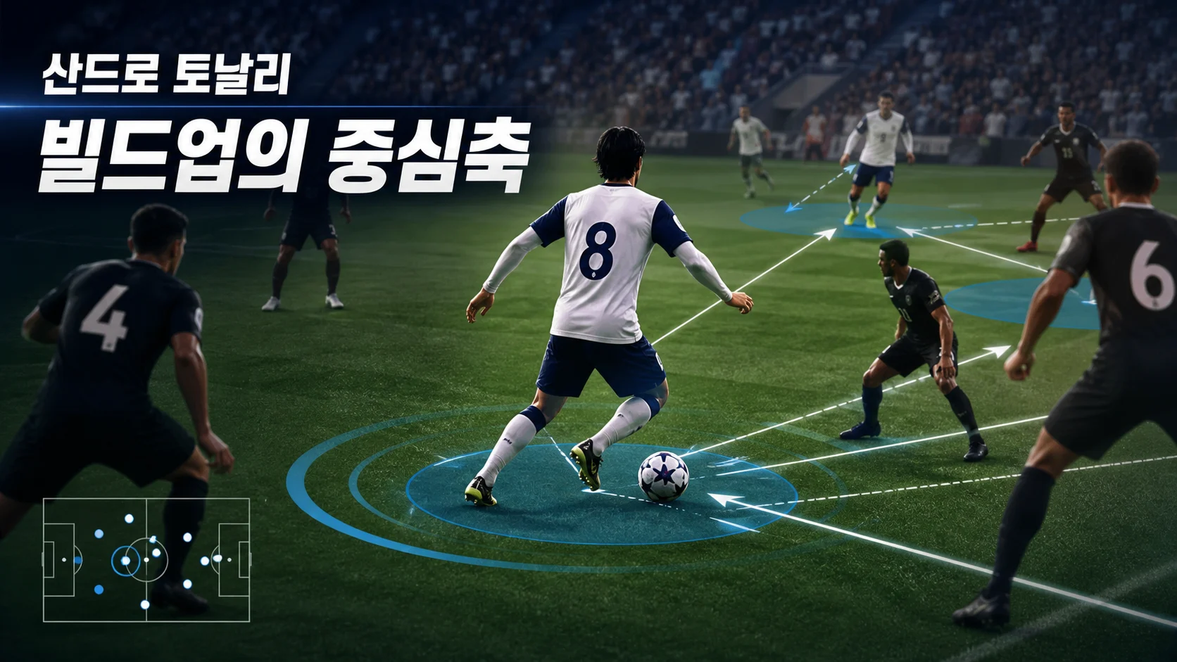 중앙에서 압박을 피해 전진 패스를 넣는 흰색 8번 비식별 미드필더 역할 이미지