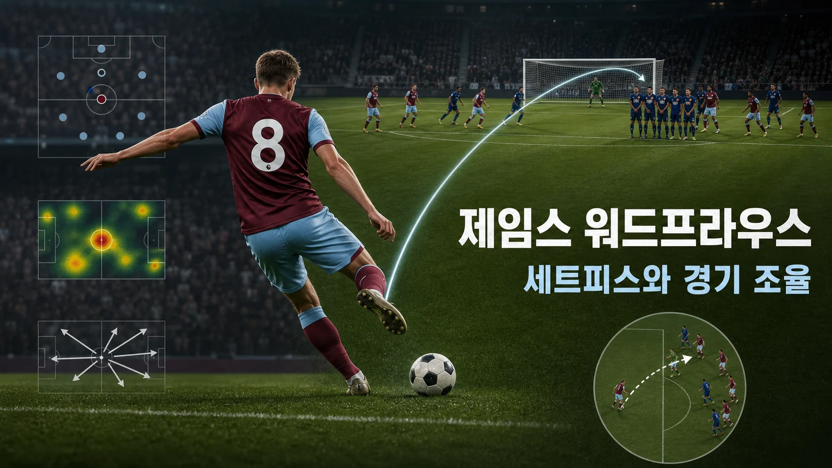 프리킥과 긴 전환 패스를 시도하는 클라레 8번 비식별 미드필더 역할 이미지